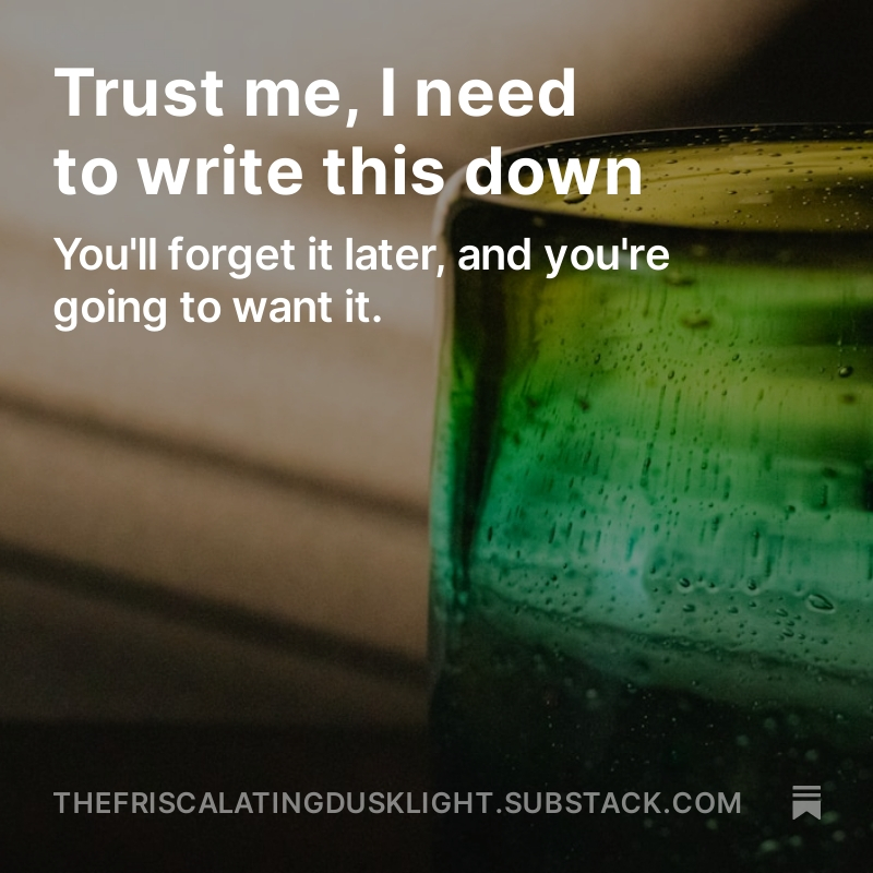 New at The Friscalating Dusklight: I wrote about my creative process and how the pace of the world makes it harder to follow through on our personal epiphanies. Read/subscribe. It's free, the best price! thefriscalatingdusklight.substack.com/p/trust-me-i-n…
