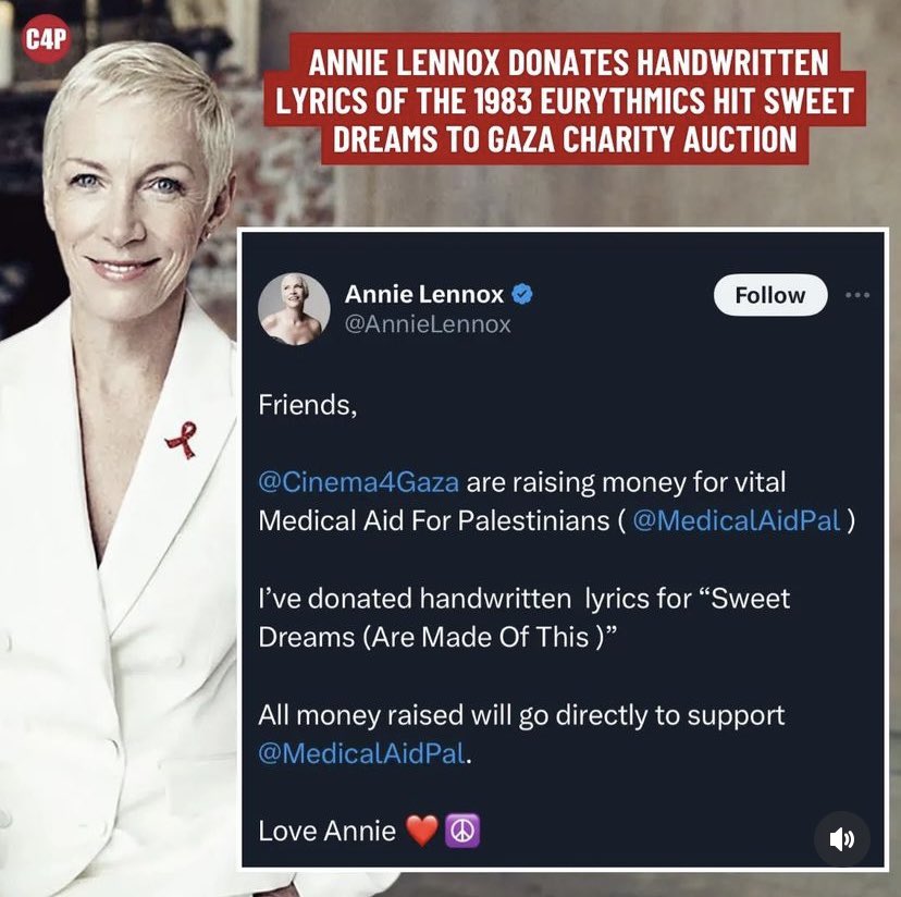 🥹 Wonderful gesture of humanity by the legendary @AnnieLennox 🫶🏼

Thank you ♥️