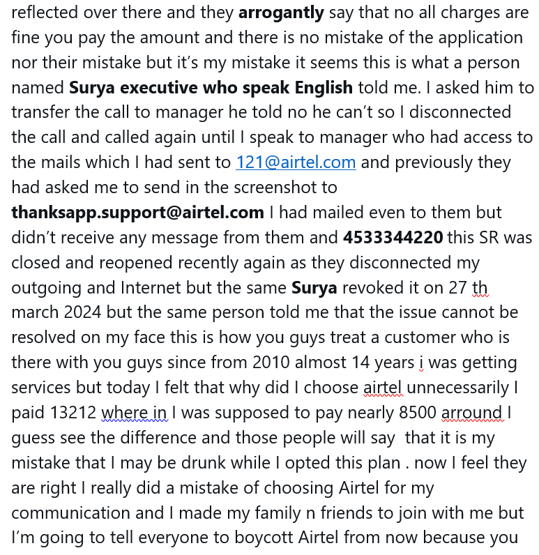 AkshithTp's tweet photo. @airtelindia @airtelnews @bhartiairtelfdn #banairtel 
are you people really care about your customer. you guys made me pay 4800 extra in the bill. if i tried to ask your executive will say it's your mistake. &amp; i'm here since 14 years but for me you gave this kind of bad services https://t.co/gMZ0ANHiXy