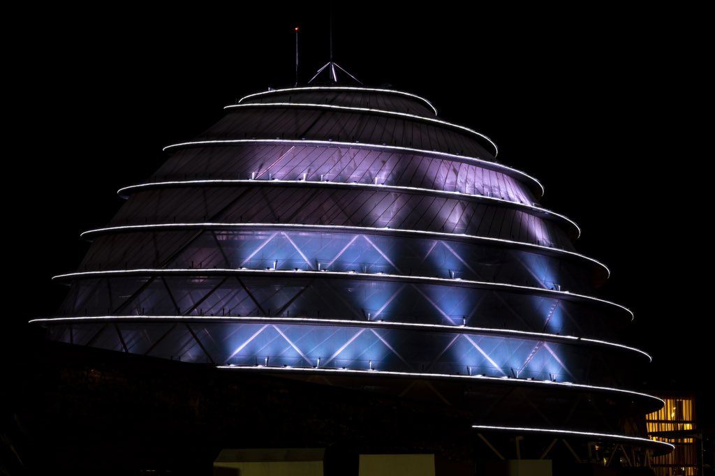 UPDATE: The Kigali Convention Centre dome on Sunday lit in grey, with the figure 30, in honour of the 30th commemoration of the 1994 Genocide against the Tutsi. #Kwibuka30