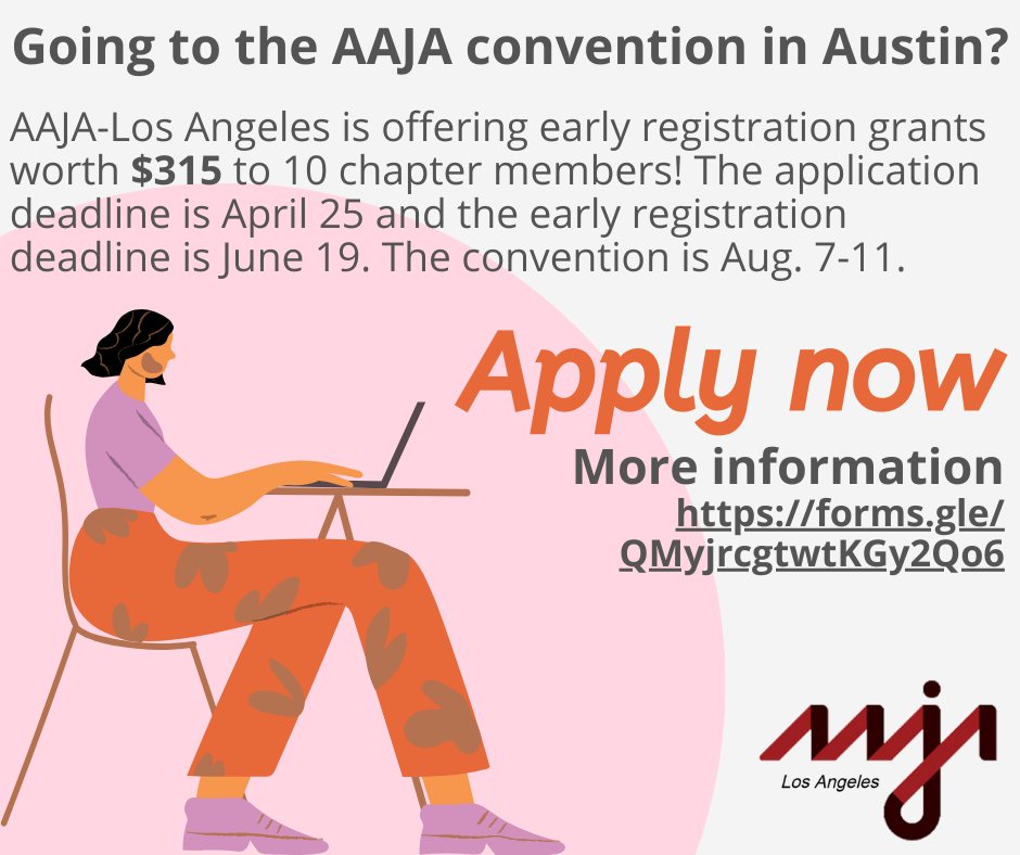 Going to #AAJA24 in Austin?

Apply by April 25 for a convention stipend to help you with registration fees: forms.gle/aNcHDgn7fsDemy…

AAJA-LA is offering 10 early-bird registration grants to chapter members.