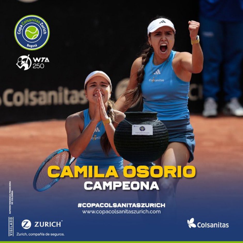 🎾CAMILA CON C DE CAMPEONA🎾

🇨🇴La tenista de 22 años se consagró campeona del WTA 250 de Bogotá #CopaColsanitas 

👏Segundo título WTA de su carrera y segundo triunfo en Bogotá.

📌Camila Osorio se convirtió en la 2ª colombiana en ganar más de un título WTA. @CopaColsanitas_