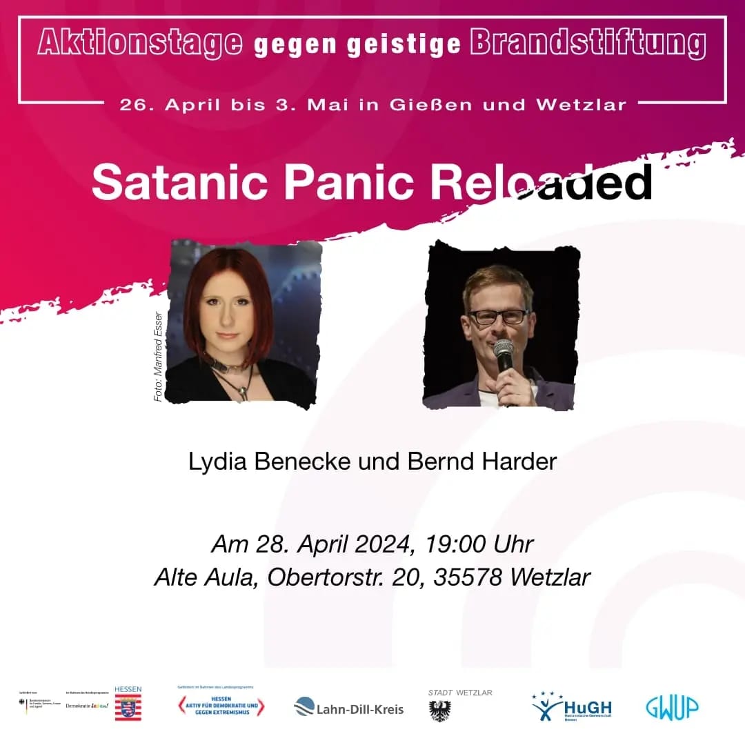Die zweite Veranstaltung der Aktionstage 2024: @Lydia_Benecke und @berndharder reden und diskutieren zum Thema 'Satanic Panic'. Unterstützt durch den @gwup_ev, den @HVD_Hessen und die Bundesinitiative 'Demokratie leben!'