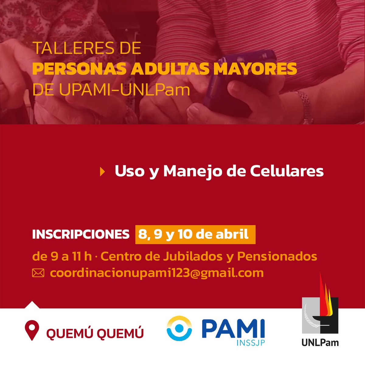 ℹ️Informamos que durante los días 8, 9 y 10 de abril próximo se efectuará la inscripción de personas interesadas en los Talleres para Personas Adultas Mayores en el marco del convenio UNLPam -UPAMI.

📧CONSULTAS
Las consultas se pueden remitir a coordinacionupami123@gmail.com