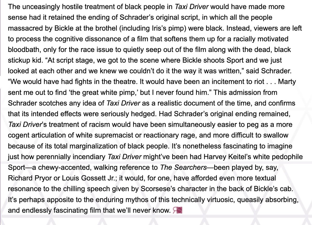 Just reading up on Arthur Jafa's recasting of the ending of Taxi Driver to include Black actors, which I'm looking forward to seeing at @GladstoneNYC. Oddly enough, I wrote about this very thing in a piece for @reverse_shot many moons ago. Such an uncannily troubling film.