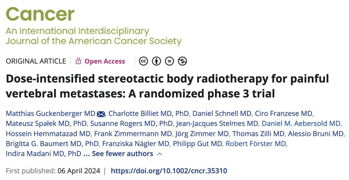 📢 A randomized phase-III Trial Result: 
⭐️Dose-intensified stereotactic body radiotherapy (SBRT) for painful vertebral metastases outperforms conventional external beam radiotherapy (cEBRT) in pain relief.
⏩SBRT group: 69.4% experienced pain reduction by 2 or more points at 6…