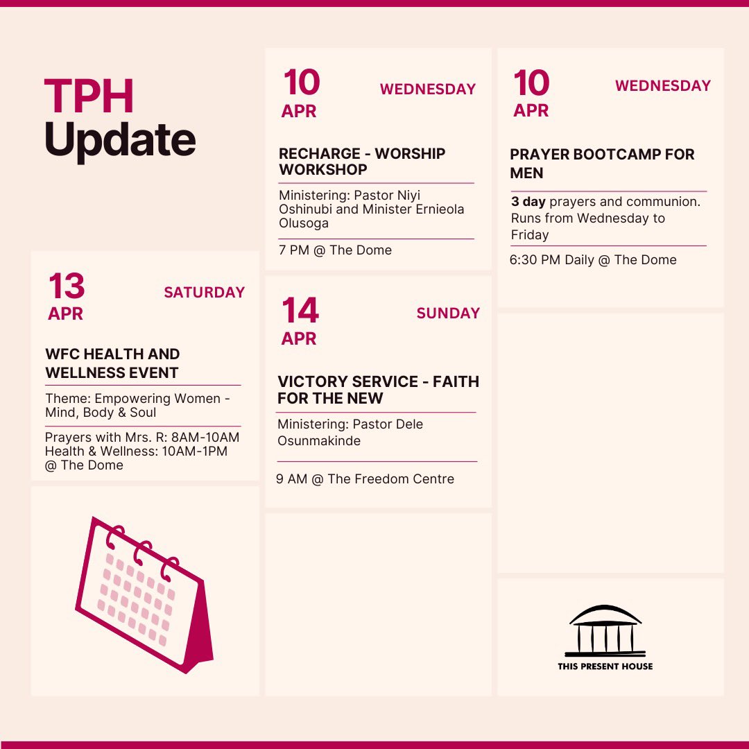 MyTPH's tweet photo. Here’s a schedule of upcoming events at This Present House. The men and the women both have events lined up this week and we are grateful for community that aids & strengthens us in our walk with God. What’re you looking forward to the most? Do share, below 👇🏽
#myTPH
#TPHUpdate https://t.co/MBOtnsASgP