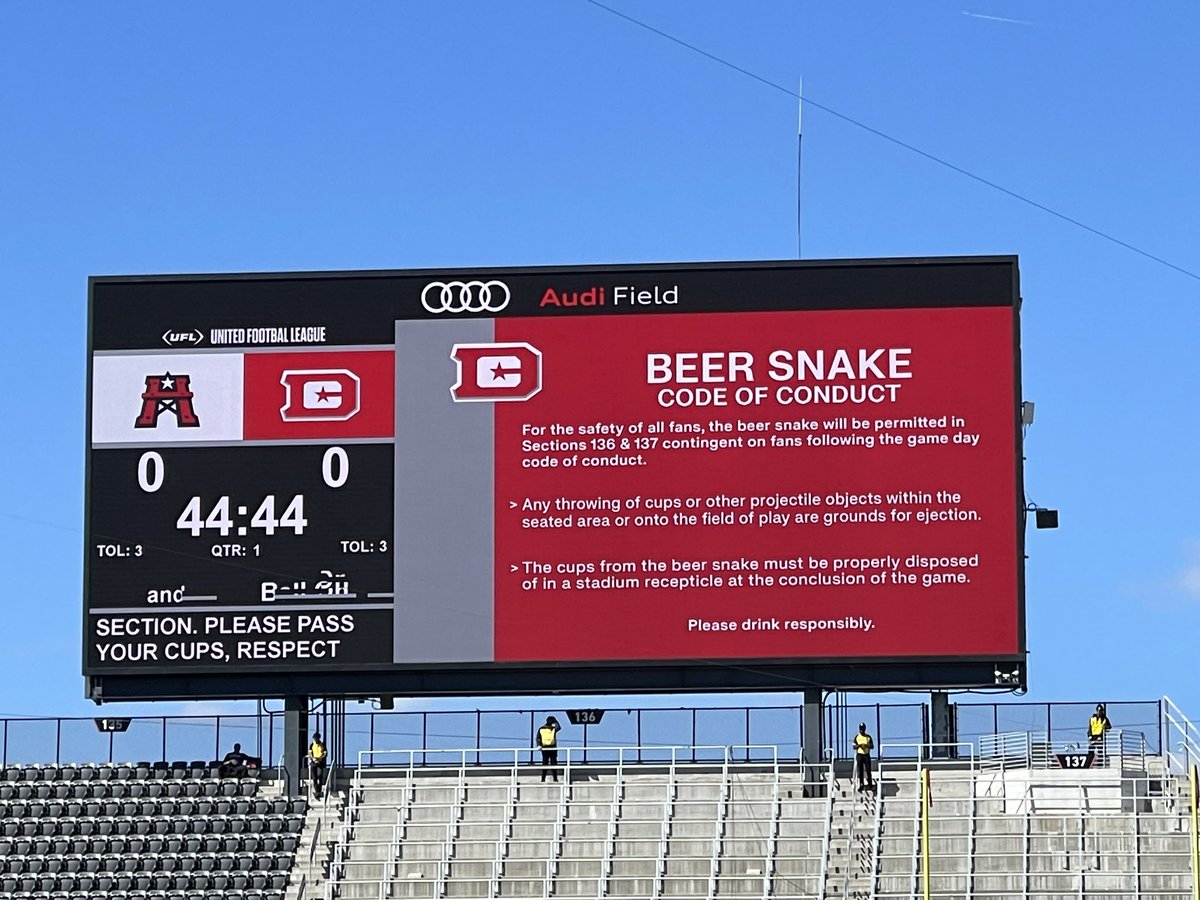 The UFL gets out ahead of a beer snake catastrophe like last season’s opener and announces pregame that the beer snake is allowed. The fans in Audi Field are naturally pleased.