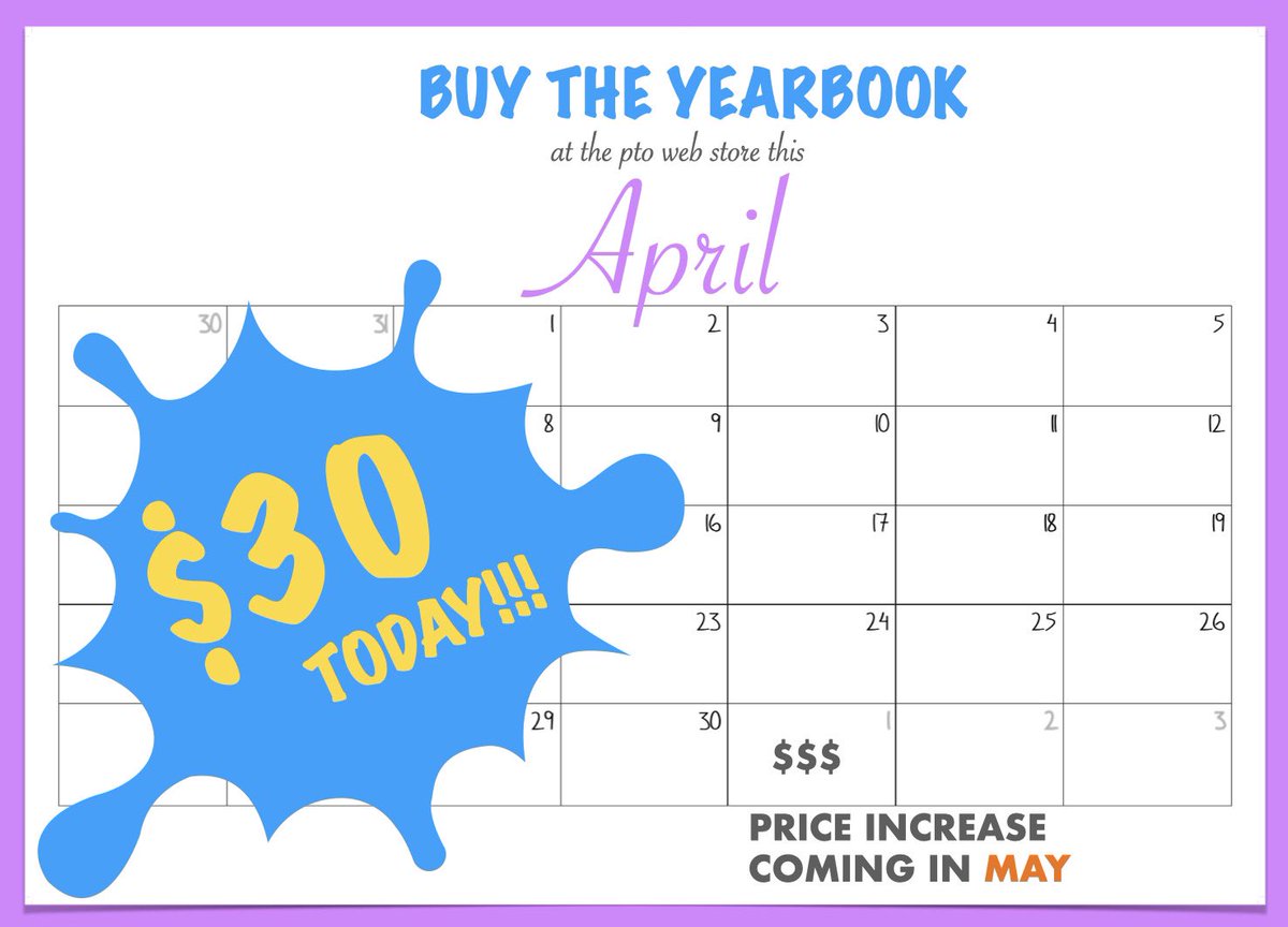 Yearbooks are on sale now! Please visit the PTO site and log in for web store to purchase before the price increase in May! We have a few tears every year from people who forget so order today!! Reminder, Mustang Pass includes yearbook!