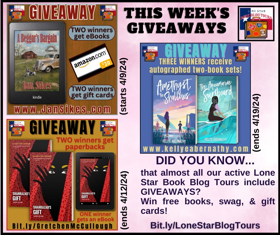 Did you know that almost all of our active book #blogtours include a #giveaway? Visit the #LoneStarLit tour pages daily for a chance to #win! This week, win from @AbernathyKelly, Gretchen McCullough, and @janSikes3. #literarytexas #texasreaders

lonestarliterary.com/lone-star-book…