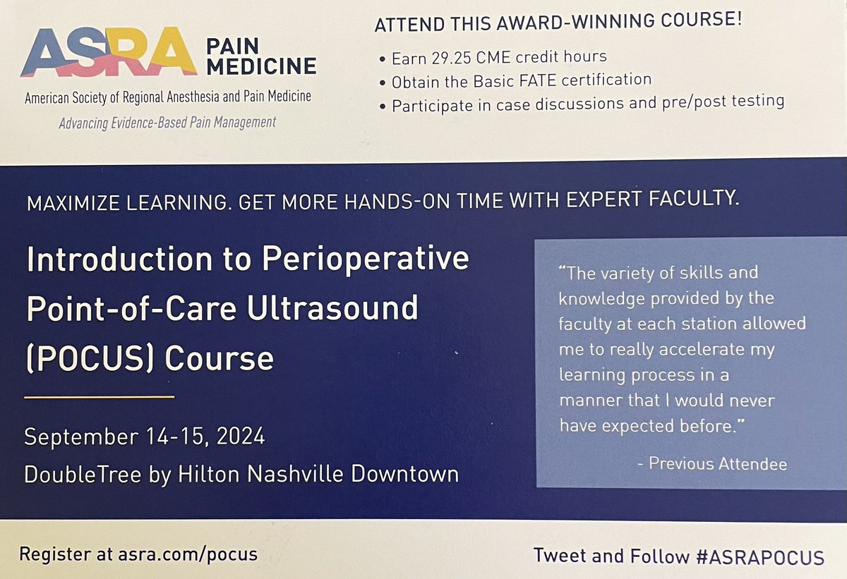 #POCUS Mark the dates @ASRA_Society #ASRAPOCUS course to learn life saving skills in 🎶 🏙️! Sept 14-15👇🏿 👉 asra.com/events-educati… @NarouzeMD @shaskinsMD @ASRAPM_Ex_Dir @ASALifeline @dr_melissabyrne @Nadia_Hdz_MD @Siva6faces @SreeHPraveenKO1 @SudiptaSen_MD @RenukaGeorge