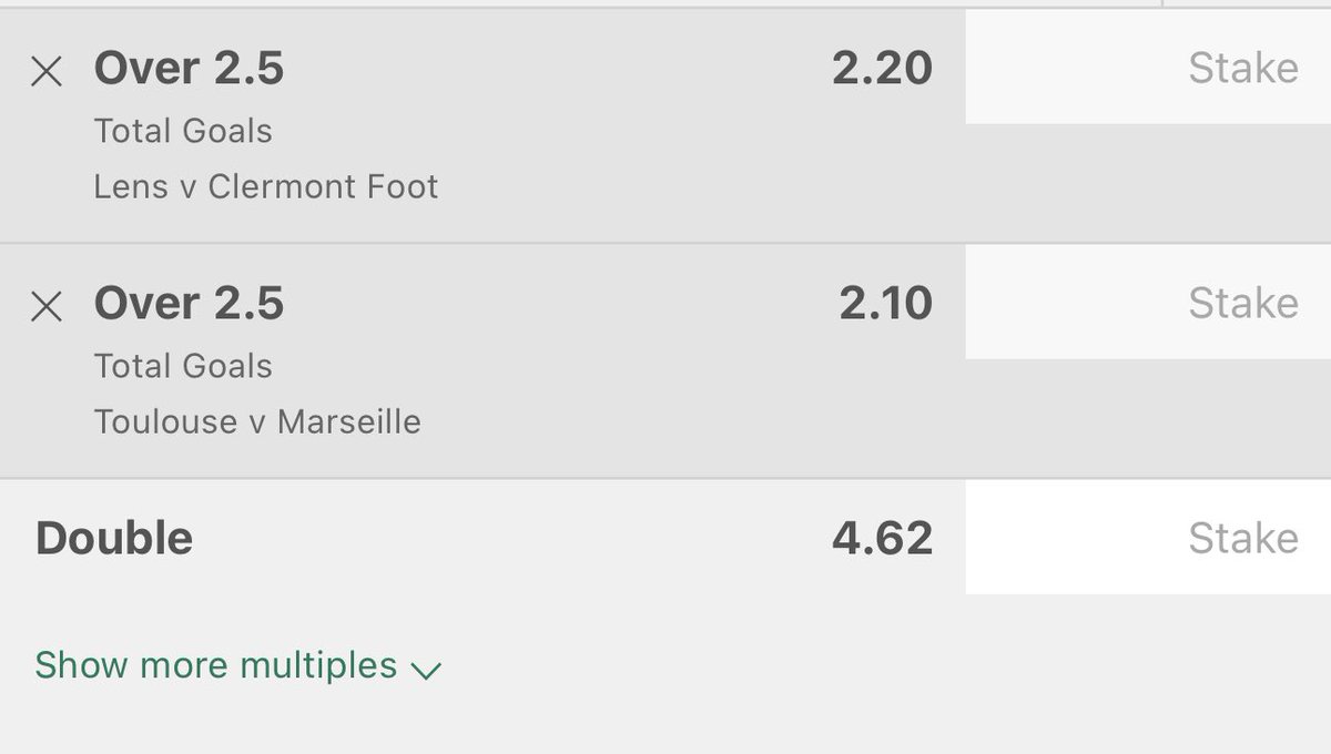 Let’s go for the early bet double… O2.5 Goals in Lens v Clermont & Toulouse v Marseille. 1.75u singles. 0.25 double