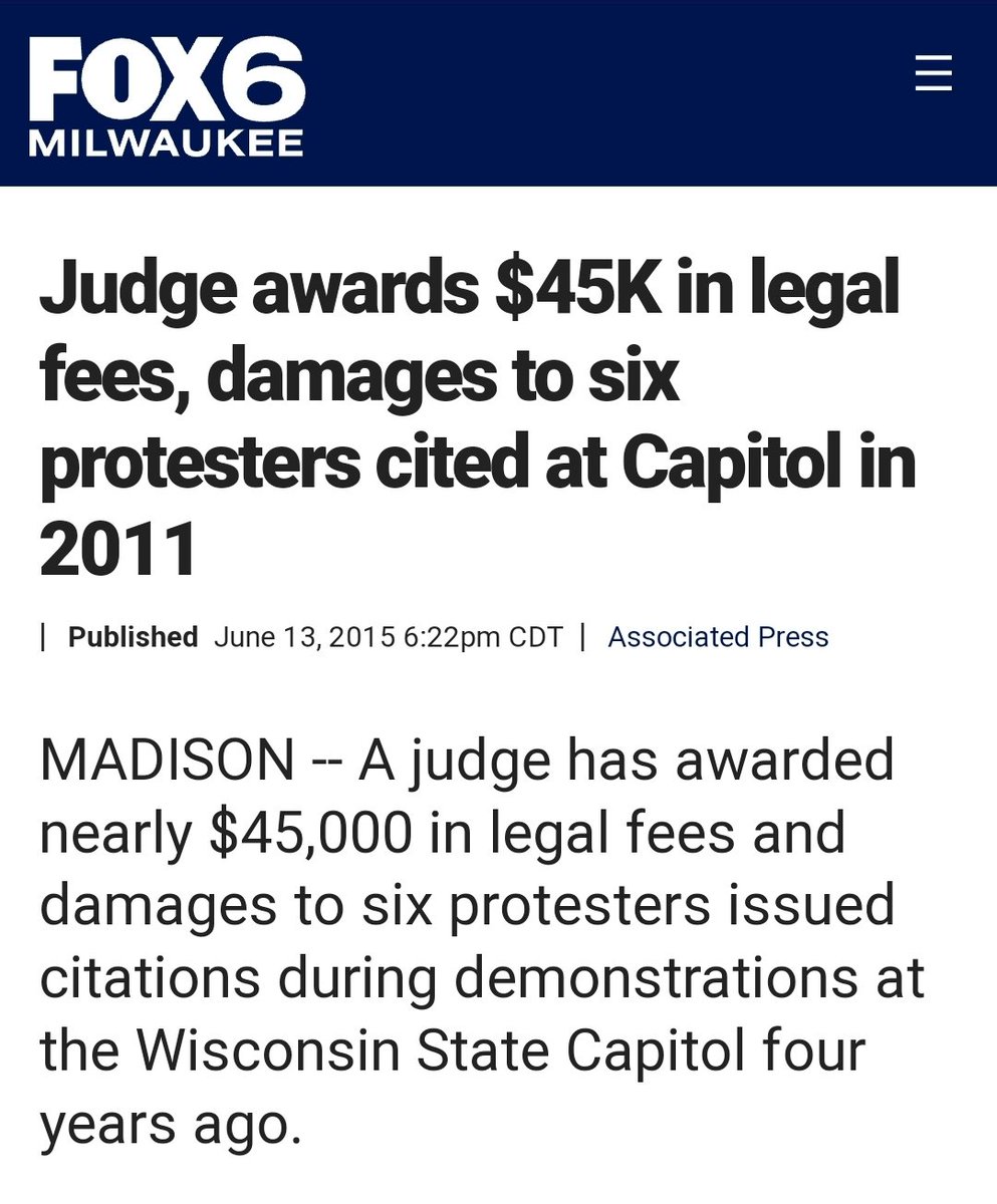 Remember the #WI protest in 2011 when thousands of ppl invaded #Capital, while in session, trying to stop #Walker from passing bill?

None were arrested, unlike #Jan6, where every #Trump spprtr in #DC was arrested, they were tckt'd!

Well, did you know 6 of ppl that recvd…