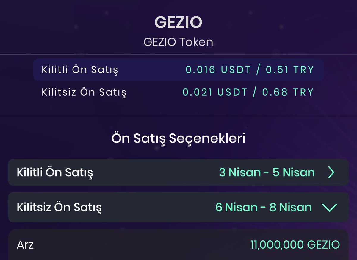 Harika bir ön satışla geldim. #GEZİO Token ön satışına katılacağım. Kilitsiz Satış : 06-08 Nisan 2024 Arz: 11.000.000 Satış Fiyatı: 0.021 USDT Maksimum Alım: 47$ Vesting: TGE %100 Gezio Token, Çeşme, Ilgaz ve Kapadokya’da hayata geçirilen yeni nesil tatil modeli ‘Maison Hep