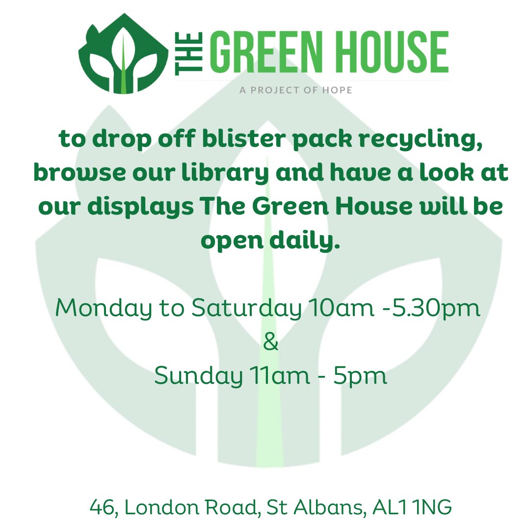 Thank you to everyone who has supported us so far. 💚🌍💚 We would like to let you know our opening times for April are as follows…. #thegreenhousestalbans #ecohub #StAlbans