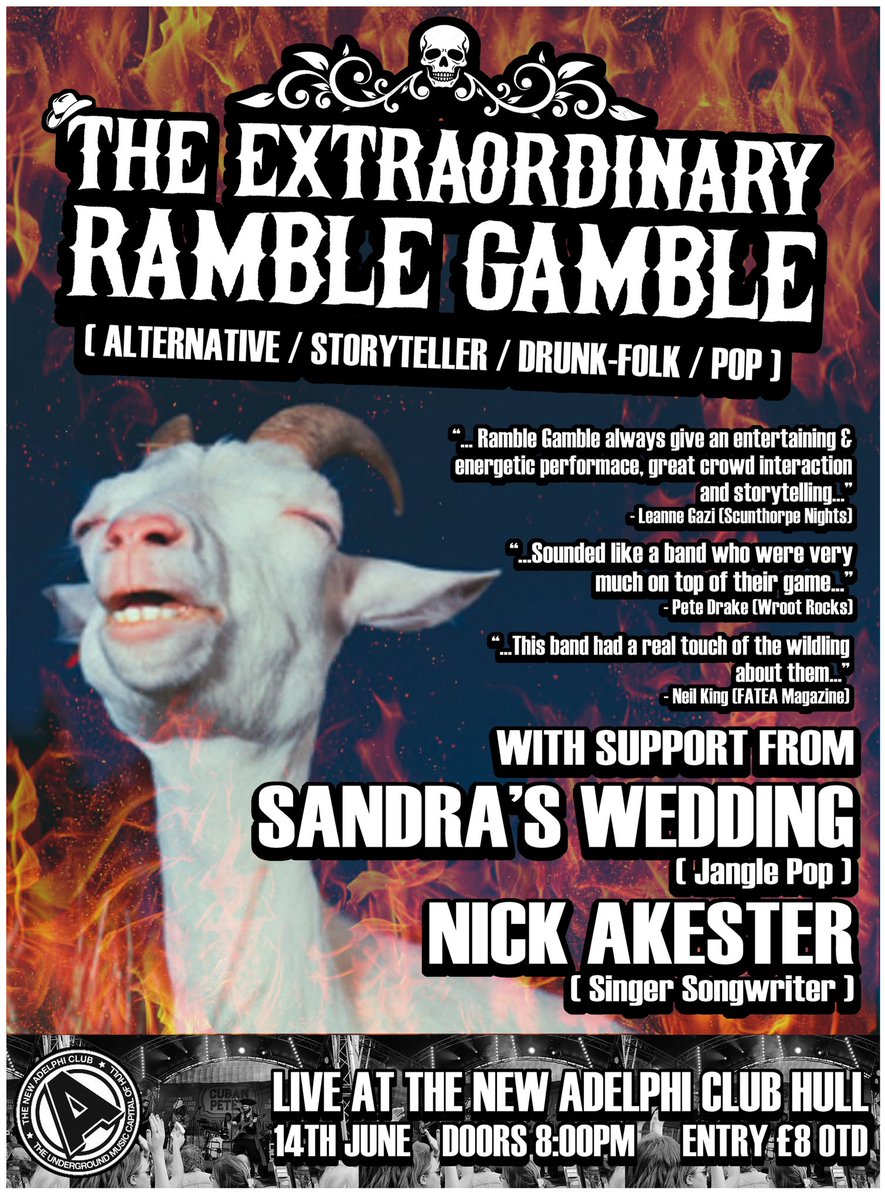 The Extraordinary Ramble Gamble LIVE at @TheAdelphiClub with our friends @SandrasWedding & Nick Akester!! 14th June 8:00 for a mere £8 OTD.. it’s gonna be a folkin great night! #ramblegamble #livemusic #gig #show #sandraswedding #nickakester #folk #alternative #acoustic #music