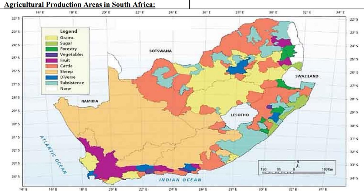 If you would like to know what food grows where in this great country of ours -- Republic of South Africa -- this map should help.

It shows the agricultural production areas across the country.   

Each colour represents an agricultural subsector.