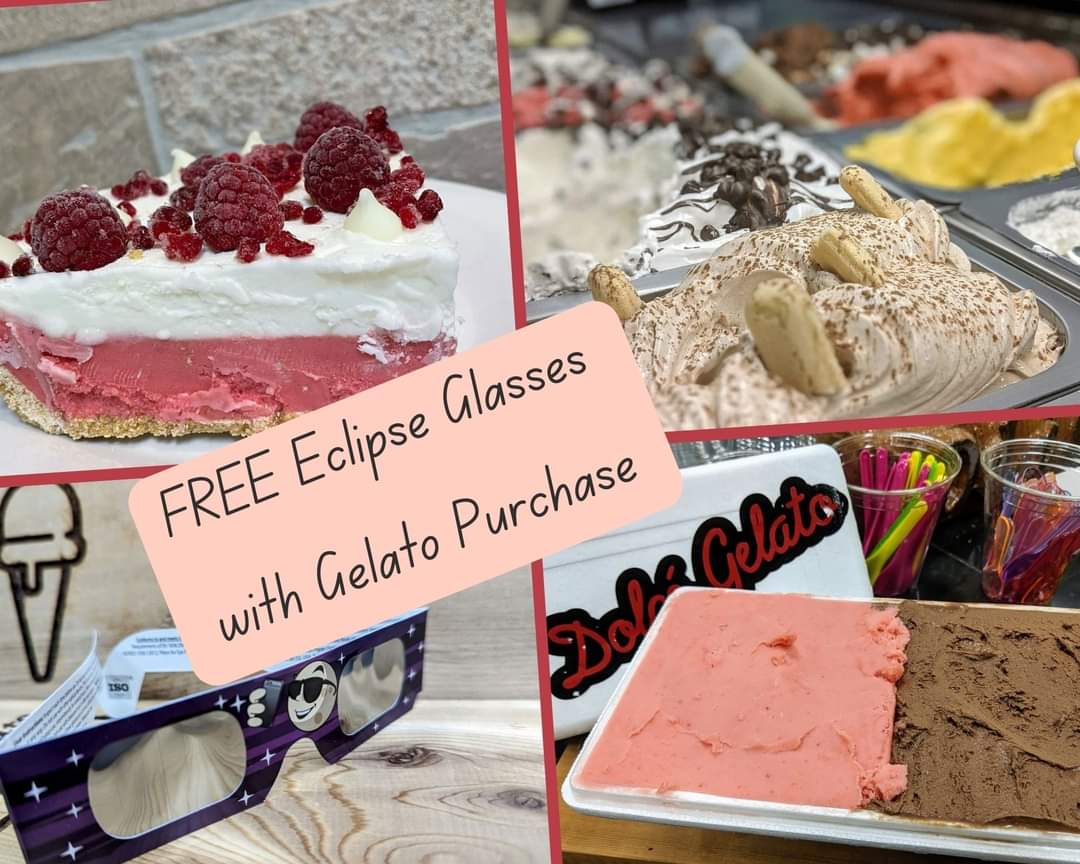 Satisfy your sweet tooth with Gelato! 
Today's Special...FREE Eclipse Glasses with your purchase!
Open till 10 pm Sun - Thurs and till 11 pm Fri & Sat.

#gelato #italian #icecream #SundayFunday #eclipse2024 #eclipse #VisitHotSprings #familytime #sweettooth #dessert #openlate