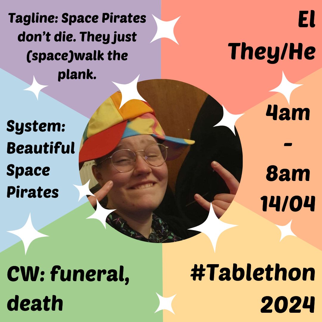 It’s time to meet all the lovely people who will be using their storytelling skills to bring light and happiness this April. Our next GM is El who will be guiding us through their swashbuckling tale: Piratical Space Adventures. Streaming 14th April 4am to 8am BST. #Tablethon2024