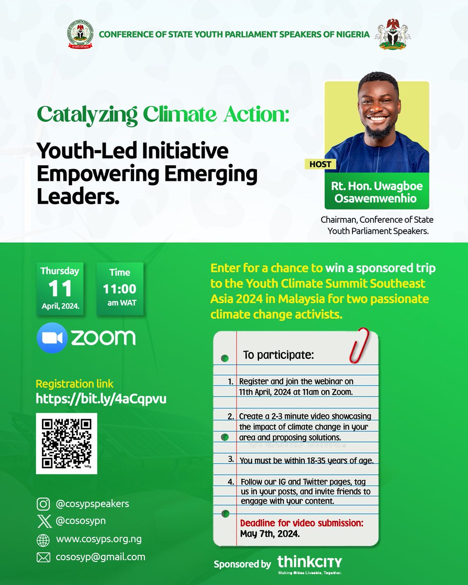 cososypn's tweet photo. 🌱 Don't miss this crucial conversation on climate action and youth leadership. 2 lucky Nigerian youths will win a sponsored trip to the "Youth Climate Summit Southeast Asia 2024" in Malaysia, Powered by Thinkcity! 🌏 https://t.co/Sr69IqCD98