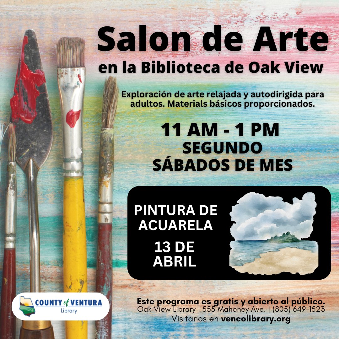 Salon de Arte en la Biblioteca de Oak View. Exploración de arte relajada y autodirigida para adultos. Materials básicos proporcionados. 11 am - 1 pm segundo sábados de mes. 9 de marzo pintura de piedra.