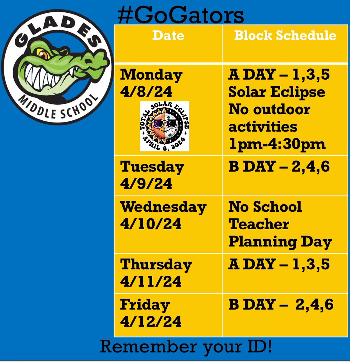 No School on Wednesday! Review schedule below. @MDCPS @MariTereMDCPS @MDCPSSouth