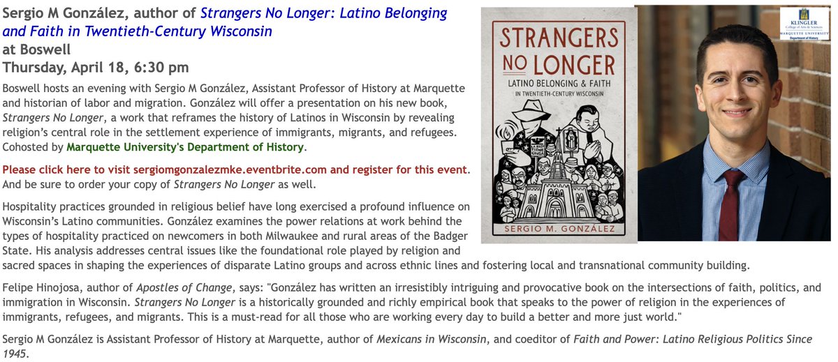 What are you doing on Thursday, April 18? If you're in MKE, join me at @boswellbooks where we'll talk all things Wisconsin Latino history! Sign up through this link to make sure we've got enough chairs. See you there! tinyurl.com/5es6d9uj
