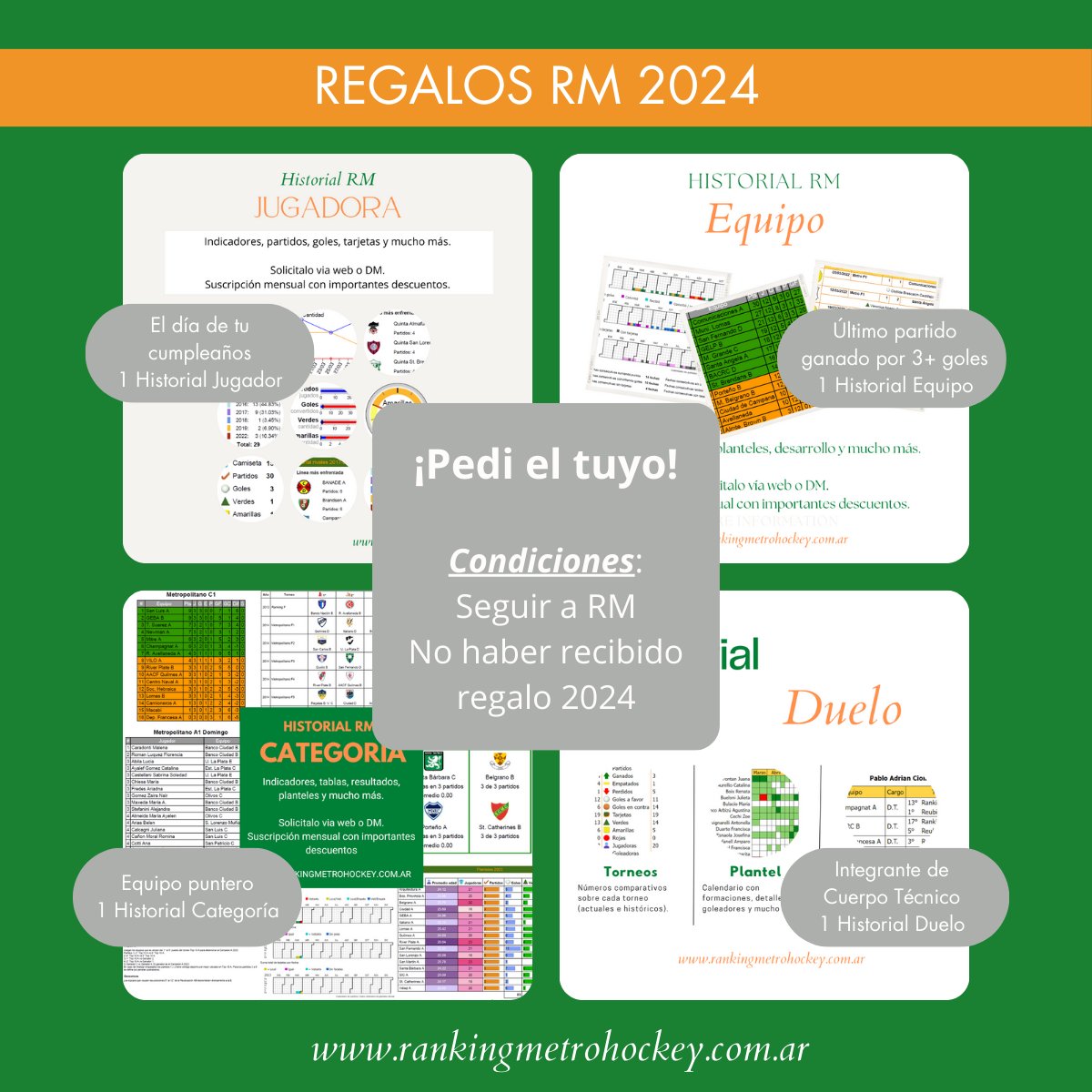 🎁Regalos RM🎁

🎉En tu cumple te llevas un Historial Jugadora.
🏑Ganaste el último partido por 3+ goles: Historial Equipo.
🥇 Punteros: Historial Categoría.
🕵️‍♀️Cuerpo Técnico: Historial Duelo.

Condiciones:
- Seguir a @rankingmetro.
- No haber recibido regalo 2024.