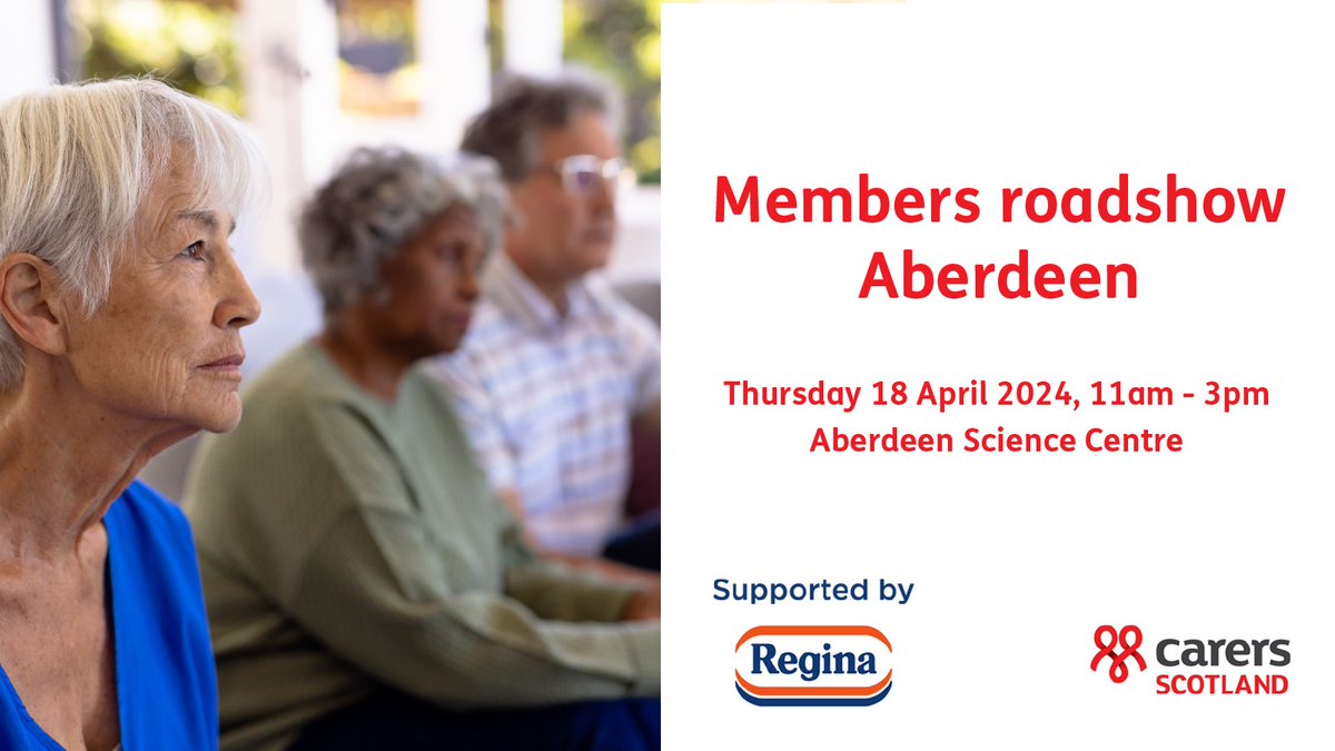 📢Carers in Aberdeen and the Aberdeenshire area, join our roadshow at Aberdeen Science Centre on Thursday 18 April 2024, 11am - 3pm. - Information on caring - Carers rights - Wellbeing sessions Register here: bit.ly/43df56E This event is kindly supported by Regina.