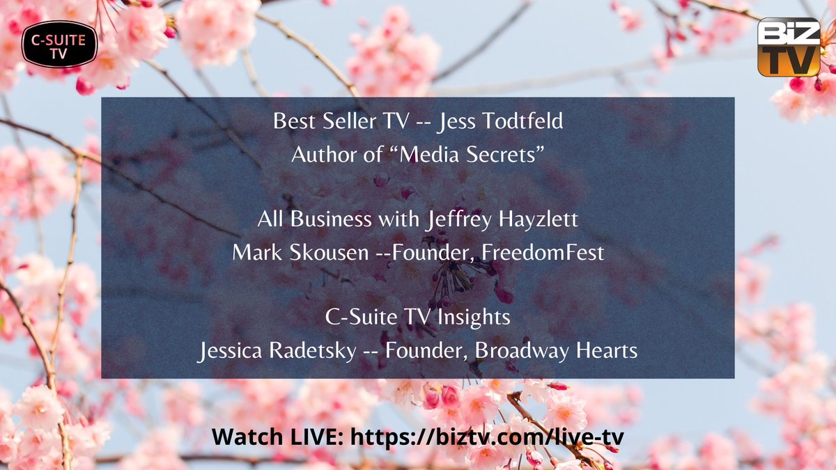 C-Suite TV (@csuitetv) on Twitter photo Tonight @ 6PM ET, check out these week's episodes on <a href="/biztv/">BizTV</a> at to watch this week's episodes:
πΌ All Business with <a href="/jeffreyhayzlett/">Jeffrey Hayzlett</a> β <a href="/MarkSkousen1/">Mark Skousen</a> <a href="/TheFreedomFest/">FreedomFest</a>
π Best Seller TV β <a href="/JessTodtfeld/">JessTodtfeld</a>
πΊ C-Suite TV Insights β <a href="/jessradnyc/">Jessica Radetsky</a> <a href="/Broadway_Hearts/">Broadway Hearts</a> Tonight @ 6PM ET, check out these week's episodes on <a href="/biztv/">BizTV</a> at to watch this week's episodes:
πΌ All Business with <a href="/jeffreyhayzlett/">Jeffrey Hayzlett</a> β <a href="/MarkSkousen1/">Mark Skousen</a> <a href="/TheFreedomFest/">FreedomFest</a>
π Best Seller TV β <a href="/JessTodtfeld/">JessTodtfeld</a>
πΊ C-Suite TV Insights β <a href="/jessradnyc/">Jessica Radetsky</a> <a href="/Broadway_Hearts/">Broadway Hearts</a>