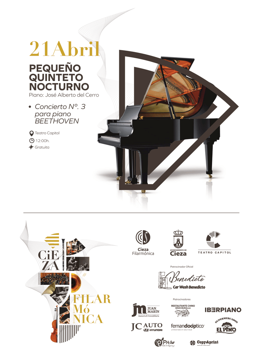 🎶CICLO DE CÁMARA #LasMatinésdelCapitol 

👨‍👨‍👧‍👦🎻Pequeño Quinteto Nocturno
🎹 José Alberto del Cerro, piano

📆Domingo 21 abril
🕛12:00h
📍<a href="/TeatroCapitol/">Teatro Capitol Oficial</a>
🎟️Entrada gratuita

<a href="/Iberpiano/">Iberpiano</a> <a href="/aytocieza/">Ayuntamiento de Cieza (Murcia)</a> <a href="/InmoJuanMarin/">Inmo Juan Marin</a> <a href="/fernandooptico/">fernandooptico</a> <a href="/OndaCieza/">Onda Cieza</a> <a href="/super_elpino/">Supermercados El Pino</a> @ciezaenlared <a href="/cronicassiyasa/">Crónicas de Siyasa</a>