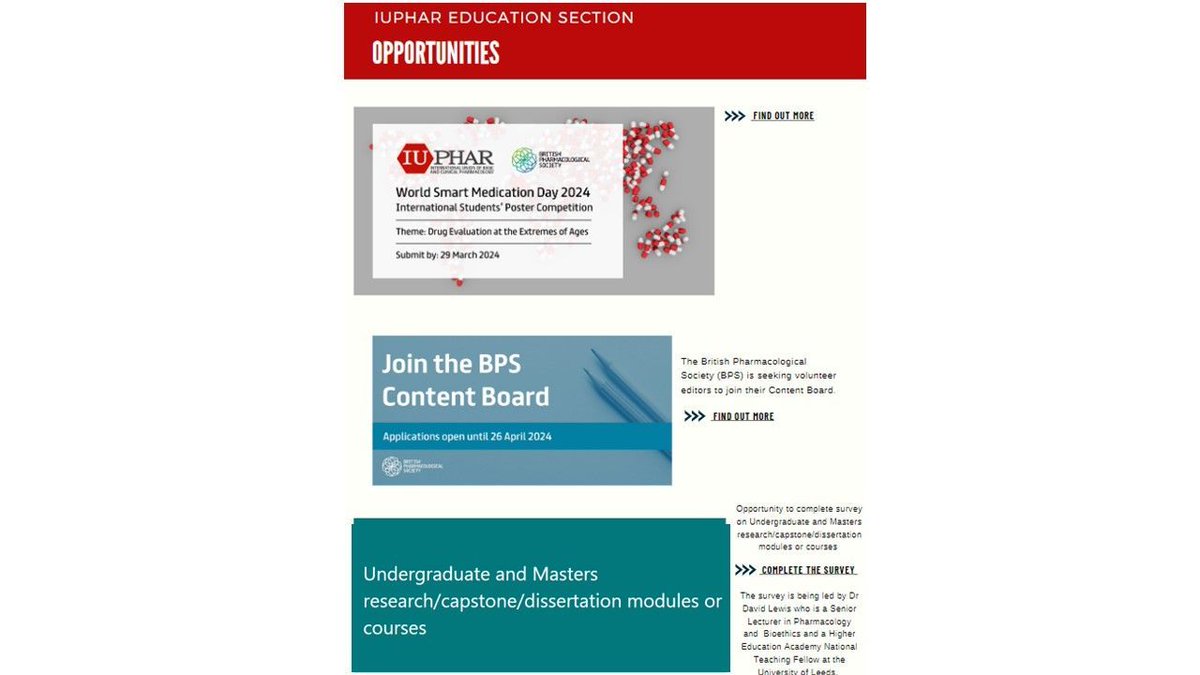 OPPORTUNITIES World Smart Medication Day will be held on 2 May 2024. .buff.ly/4a6ASiZ BPS Content Editor Vacancies. Deadline: 26 April 2024. buff.ly/3vxsQAK Undergraduate & Masters research/capstone/dissertation modules or courses buff.ly/3P3ReAo