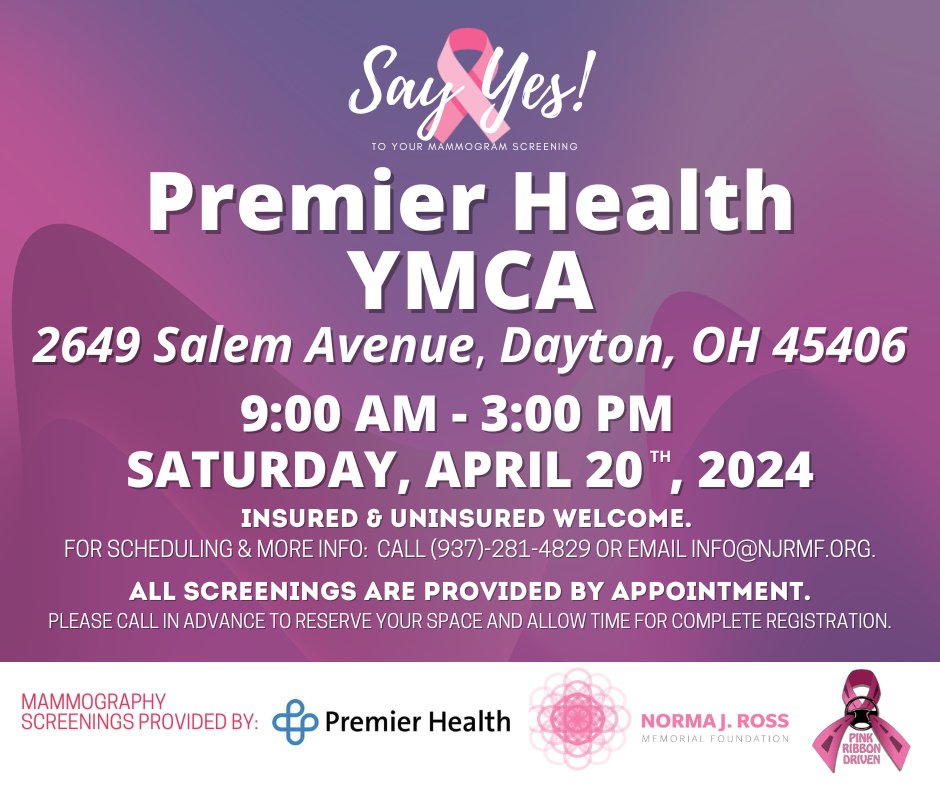 Ready to prioritize your health? Join us and @PremierHealthOH for our 'Say Yes!' mammogram screening event on April 20th from 9 AM - 3 PM at Premier Health YMCA. Don't wait, secure your spot by calling 937-281-4829. #SayYesToHealth #CommunityCare #HealthEmpowerment