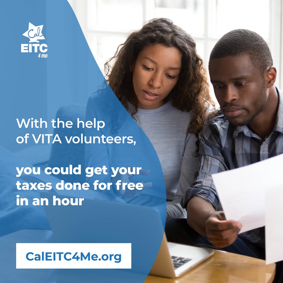 Did you know that, with the help of Volunteer Income Tax Assistance (VITA) volunteers, you could get your taxes done for free in as little as an hour? Get connected with an IRS-certified volunteer at CalEITC4Me.org
