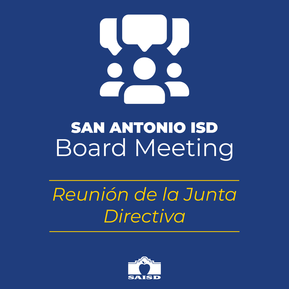 The SAISD Board of Trustees will meet tomorrow, April 8, at 5:30 p.m. at 514 W. Quincy St. Livestream | Transmisión: saisd.net/page/dis-board… La Junta Directiva de SAISD se reunirá mañana, 8 de abril, a las 5:30 p.m. en 514 W. Quincy Street.