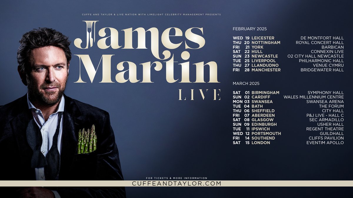 I’m excited to announce James Martin Live will visit 20 amazing venues across England, Scotland and Wales in 2025. I’ll be cooking on stage and there'll be plenty of laughs! Tickets on sale at 10am, Friday. Sign up for pre-sale access from 10am Thursday 👉CuffeandTaylor.com/register