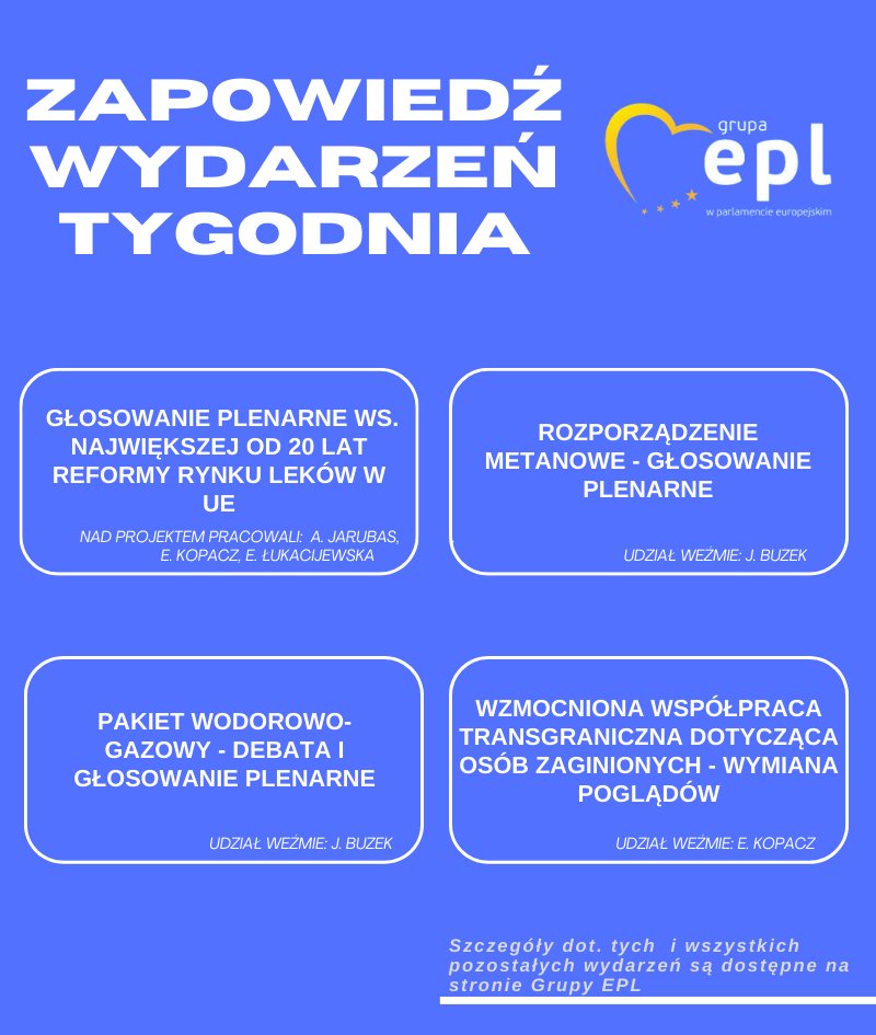 Sprawdźcie 👇 co wydarzy się w tym tygodniu w #PE 🇵🇱🇪🇺 eppgroup.eu/s/plVX2 @JarubasAdam @EwaKopacz @elukacijewska @JerzyBuzek @Adamowicz_Magda @AndrzejHalicki @TFrankowski21