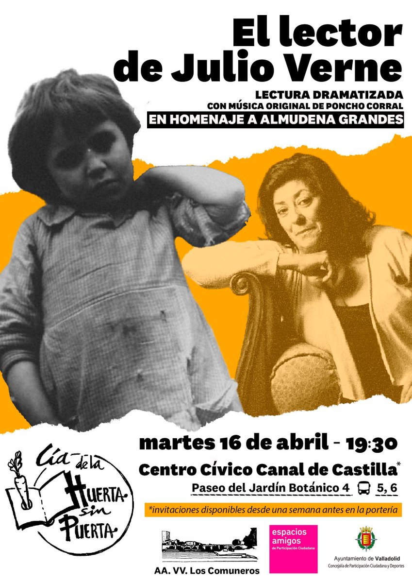 📖 Cía. de La Huerta Sin Puerta tiene ya nueva composición lectora. 
Lo presentan en nuestro barrio este próximo martes 16 de abril, a las 19:30h, dentro de las actividades de la Semana del Libro. 
Entradas disponibles en C.Cívico.
#CíadelaHuerta #lecturas #teatro #valladolid