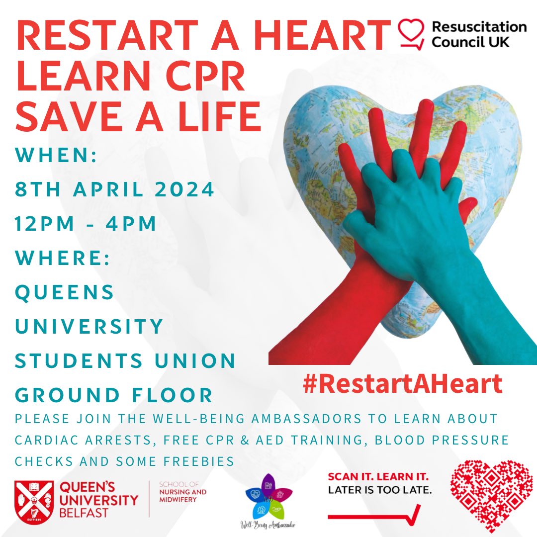 TOMORROW IS THE DAY! We will at the @QueensSU_ from 12-4PM! ❤️‍🩹🥹 Please come say hello, learn CPR, spread awareness, it only takes a couple of minutes. I am so grateful for everyone who has made this possible 🥹. See you all tomorrow ❤️‍🩹🥰 #RestartAHeart @QUBSONM @ResusCouncilUK