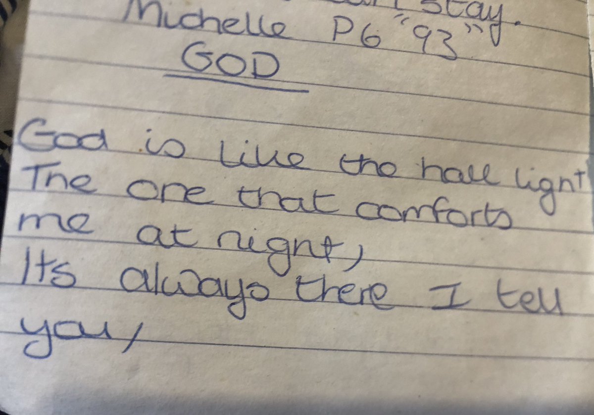 MichelleRobson8's tweet photo. I found this poem today that I wrote when I was 10. It struck a nerve as we get annoyed that my daughters want a light left on upstairs at night, and now I understand. I felt exactly the same! 🥰#halllight #dontturnthelightsoff #poems https://t.co/THghpTL1tZ