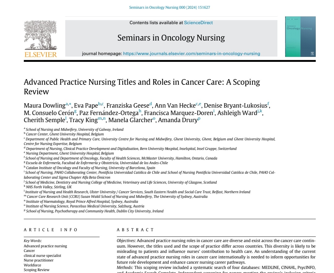 🔍New scoping review co-authored by @semple_cherith with @cancernurseEU Team on #ANP titles and roles in Cancer Care @setrust @UlsterUni @UlsterINHR Check out the paper @ ⤵️ sciencedirect.com/science/articl…