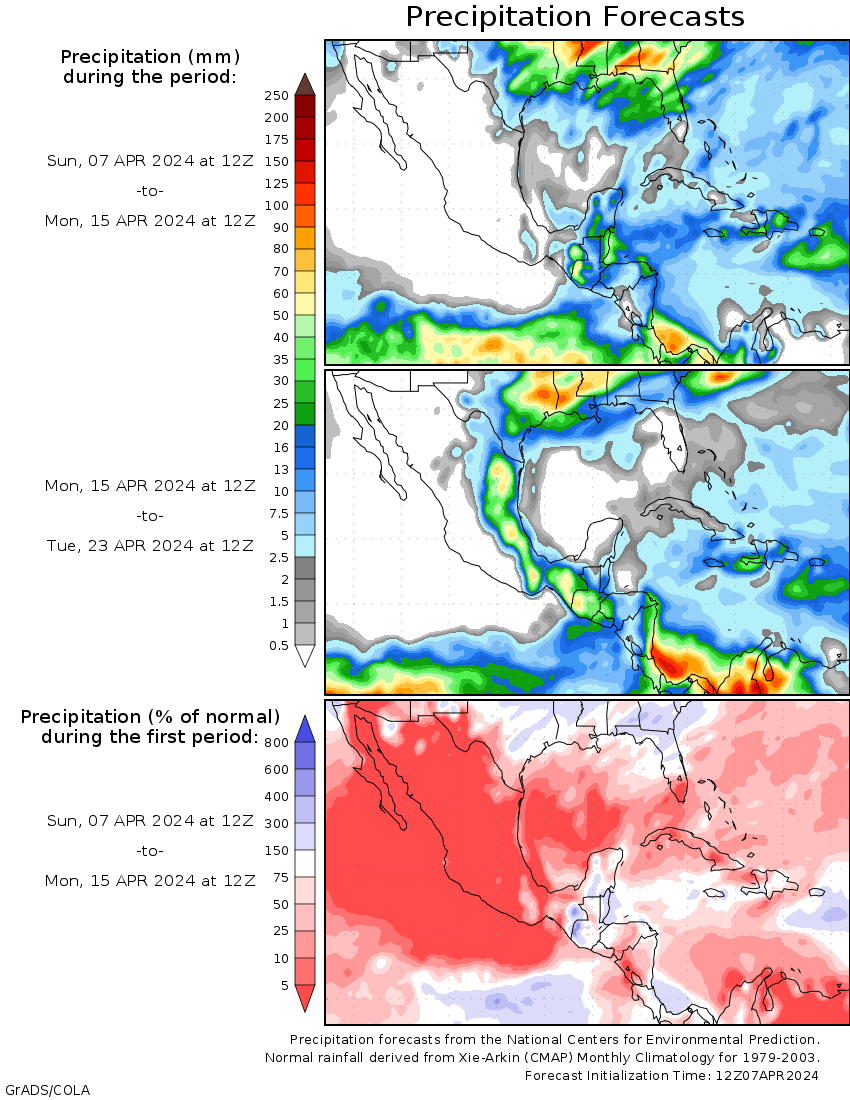 En los siguientes mapas del modelo GFS, se muestran las temperaturas medias y la AcumulaciónDeLluvia desde las 12 UTC del 07Abr hasta las 12 UTC del 23Abr2024, así como la anomalía de temperatura y precipitación del 07Abr al 15Abr2024 en CAMEXCA.