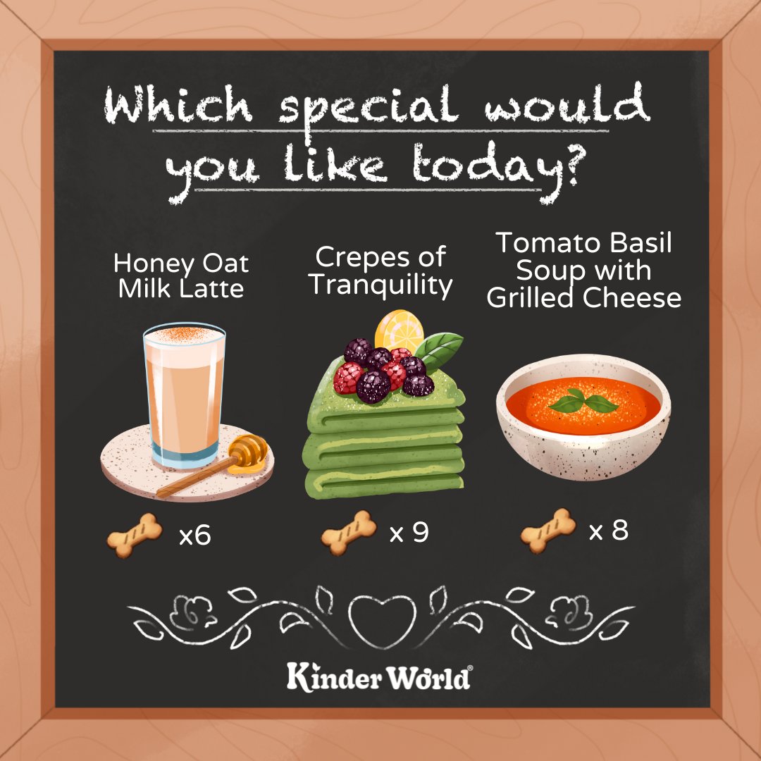 Welcome to the fifth day of the Kinder World Cafe! We've prepared these daily specials for you, and the helpers will deliver your orders through the day! What would you like to try? 🥰 Let us know in the comments, we'll be glad to serve you! Tag a friend to share a treat. 🩷