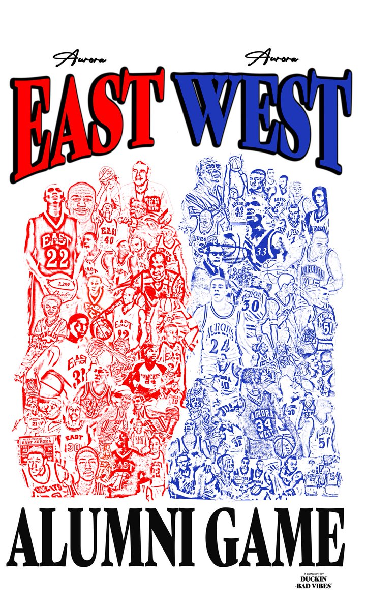 The design I did for the East West alumni game shirts. I wanted to highlight some of the talent that we have had in Aurora. This is NO WHERE NEAR all of the talent, It’s just a glimpse. The alumni game will be April 19th at west. The shirts will be available at the game.