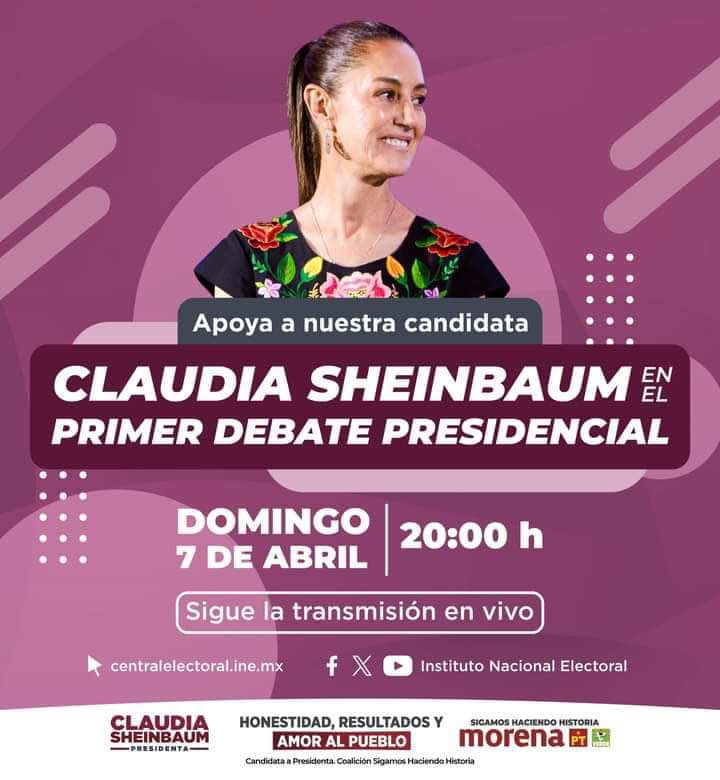 José Carlos Acosta (@josecarlosxoch) on Twitter photo Hoy es el primer debate de los candidatos a la presidencia de México.
Estamos seguros que nuestra candidata por Morena, <a href="/Claudiashein/">Claudia Sheinbaum Pardo</a>, hará un gran papel, porque es una mujer con argumentos, experiencia y conocimiento. Hoy es el primer debate de los candidatos a la presidencia de México.
Estamos seguros que nuestra candidata por Morena, <a href="/Claudiashein/">Claudia Sheinbaum Pardo</a>, hará un gran papel, porque es una mujer con argumentos, experiencia y conocimiento.