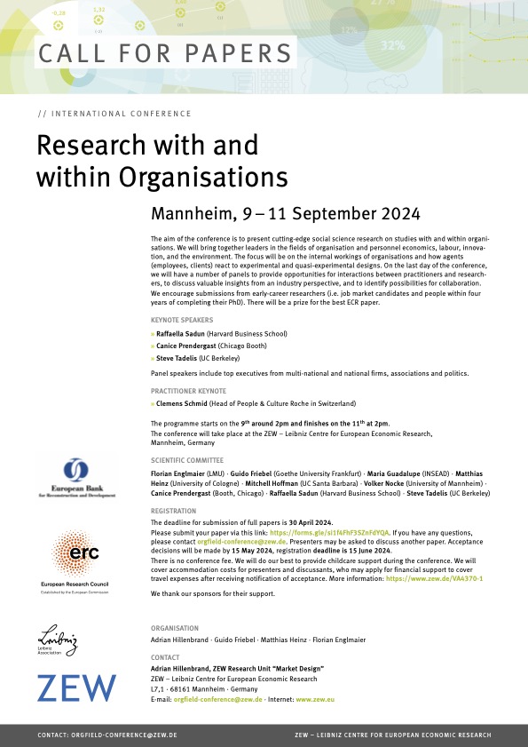 #econtwitter CALL FOR PAPERS: Research with and within Organisations. Mannheim, Germany, 9–11 September 2024 The deadline for submission of full papers is 30 April 2024.