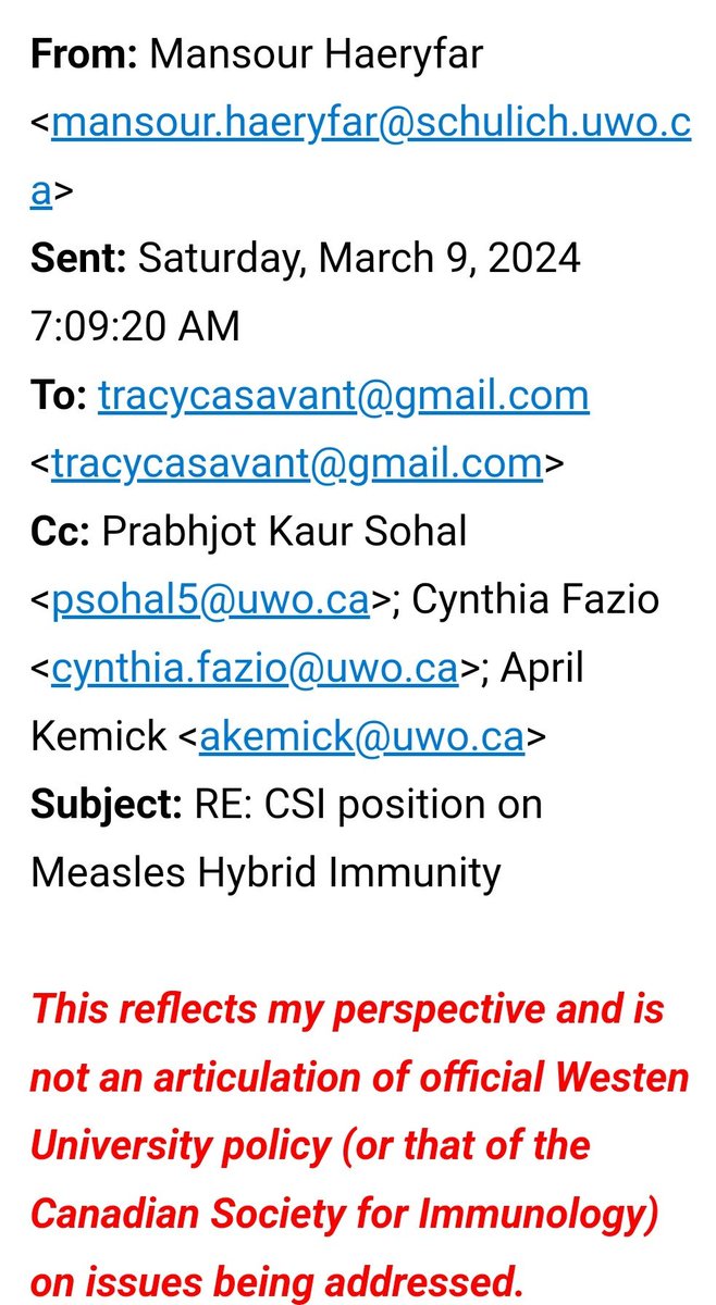 🧵 Is there hybrid immunity for measles like for COVID? If so, should that be a public health goal? Answer from Dr Mansour Haeryfur, President, Canadian Society for Immunology *Replying in a personal capacity, not on behalf of CSI or UWO