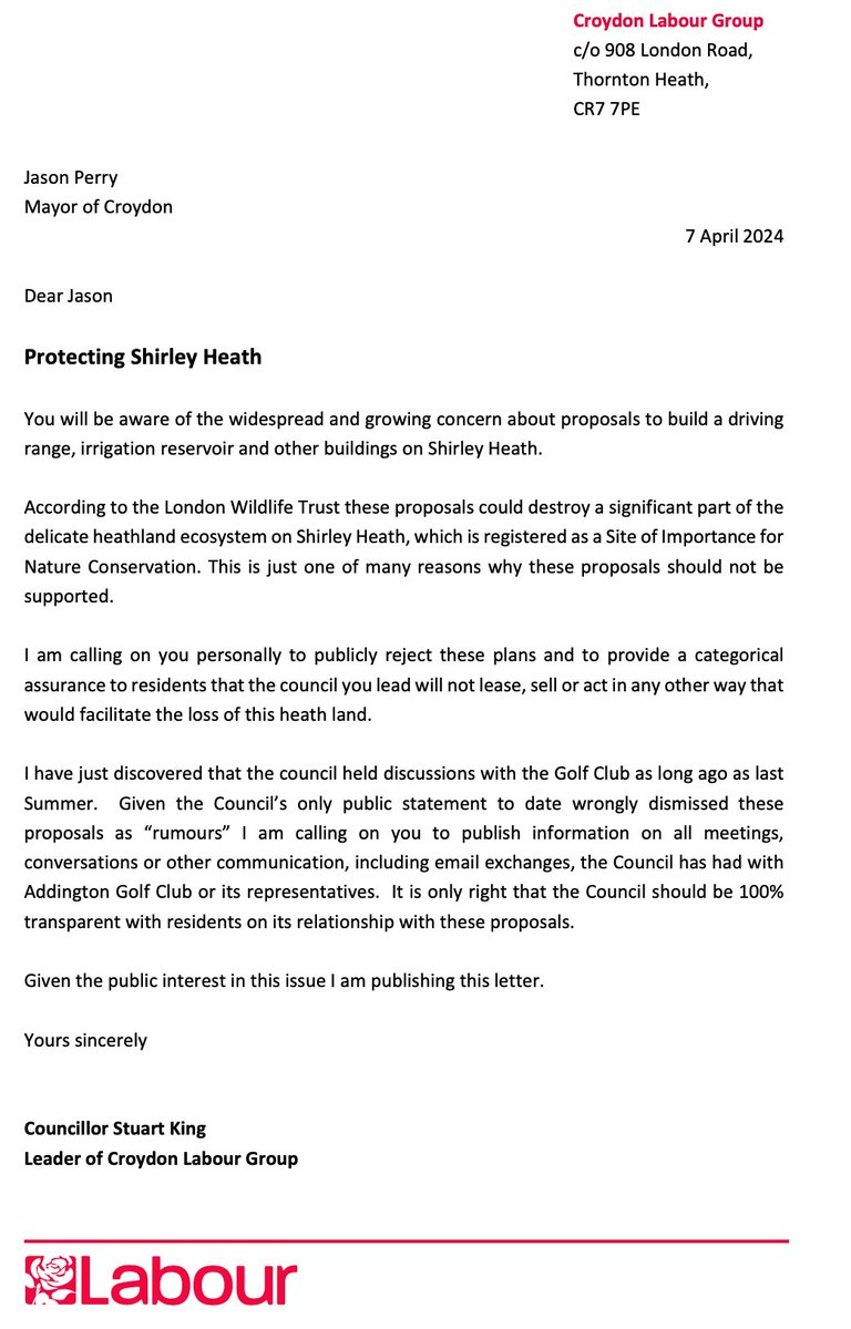 The concerns of thousands about proposals to build on Shirley Heath need to be fully addressed. We've written to @JasonForCroydon calling on him to publicly reject these plans and provide a categorical assurance to residents that the council will not sell or lease any of Heath.