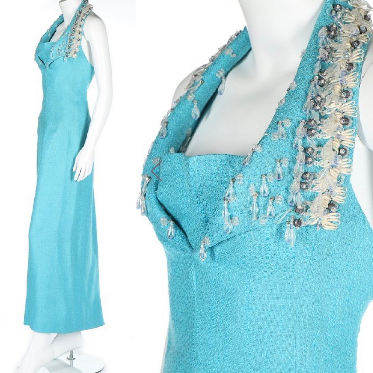 The colour of summer oceans, #MarcBohan for #Dior created this unusual silk linen mix gown in 1966. It pairs the flamboyance of beadwork with the formality of tailored lapels, mashing them into a halter neck dream. Sold via @KerryTaylorAuct #fashionhistory