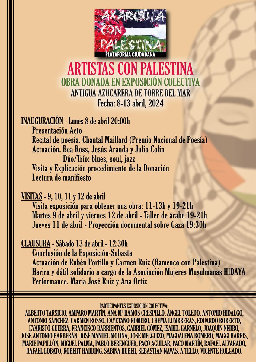 Durante la próxima semana se celebrará una exposición artística y diversos actos en solidaridad con Palestina.
No podemos permanecer en silencio ante la masacre.
Ven, participa, colabora.
🇵🇸✊🏻